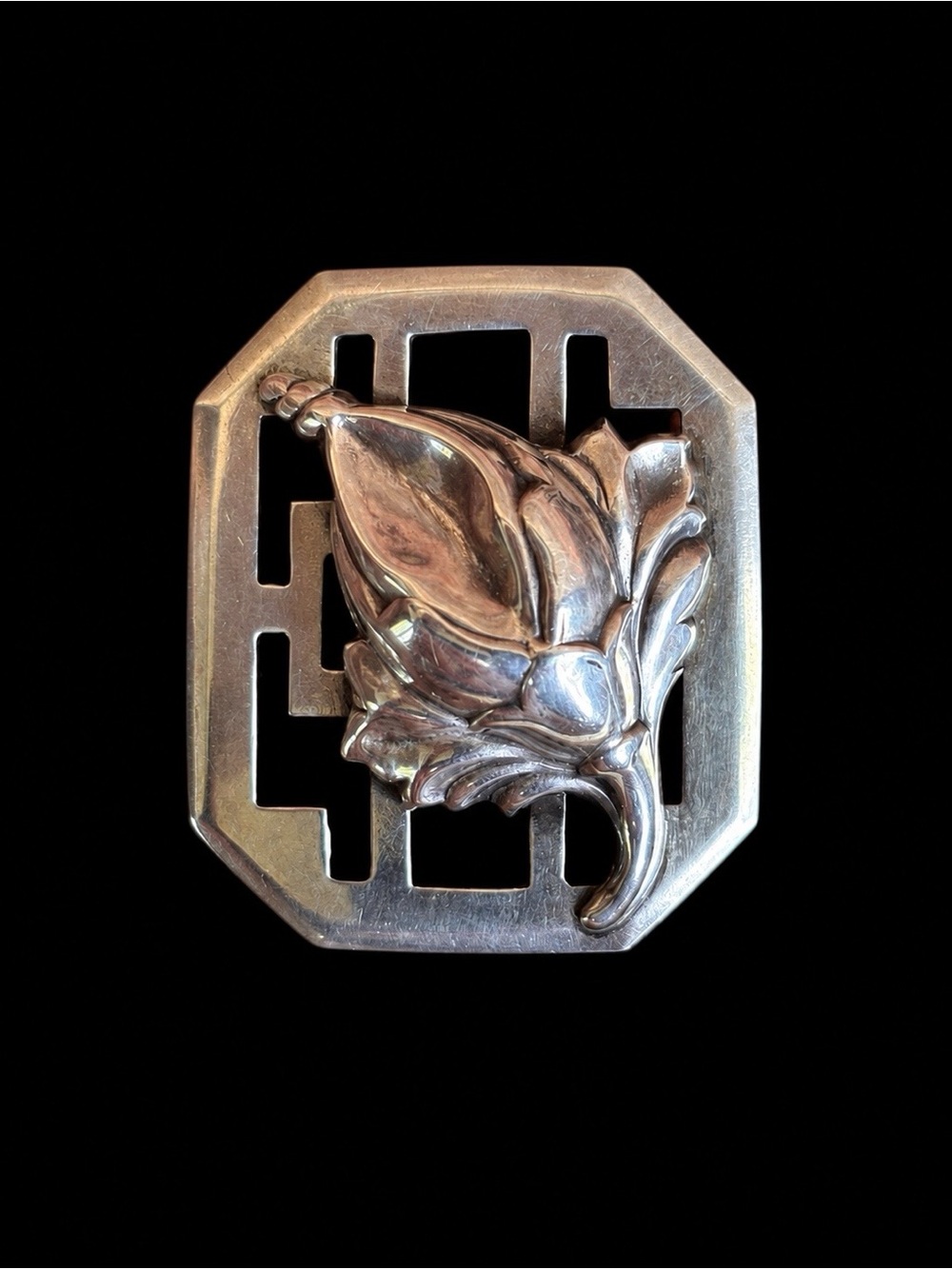 Vintage Modernist Sterling Silver Flower Pin Brooch Rectangle 8g